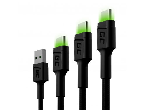 Set 3x Cable USB-C Tipo C 30cm, 120cm, 200cm LED Green Cell Ray con carga rápida, Ultra Charge, Quick Charge 3.0