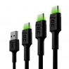 Set 3x Cable USB-C Tipo C 30cm, 120cm, 200cm LED Green Cell Ray con carga rápida, Ultra Charge, Quick Charge 3.0
