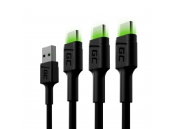 Juego de 3 cables USB Green Cell GC Ray - USB-C de 120 cm, LED verde, carga rápida Ultra Charge, QC 3.0