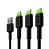 Juego de 3 cables USB Green Cell GC Ray - USB-C de 120 cm, LED verde, carga rápida Ultra Charge, QC 3.0