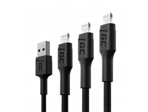 Juego de 3 cables USB Green Cell GC Ray - Lightning de 30 cm, 120 cm, 200 cm para iPhone, iPad, iPod, LED blanco, carga rápida