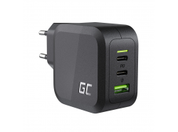 Green Cell Cargador de red 65W GaN GC PowerGan para Portátil, MacBook, Iphone, Tablet, Nintendo Switch - 2x USB-C, 1x USB-A