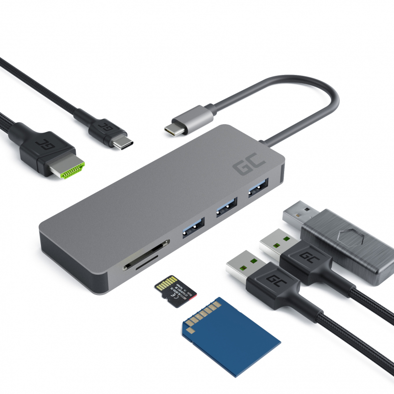 despierta Rebotar Sentirse mal HUB Adaptador USB-C Green Cell 7en1 | USB 3.0, HDMI 4K, microSD, SD