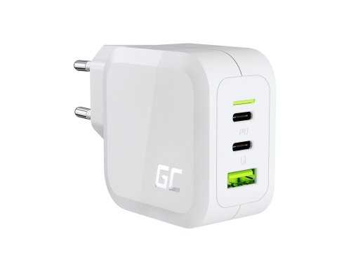 Green Cell Cargador de red Blanco 65W GaN GC PowerGan para Portátil MacBook Iphone Tablet Nintendo Switch - 2x USB-C, 1x USB-A