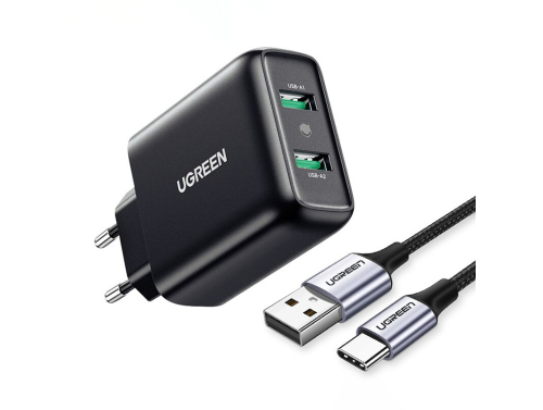 Cargador USB UGREEN 18W, 2 puertos USB, Carga rápida Power Delivery 3.0, Pequeño y ligero, Color negro