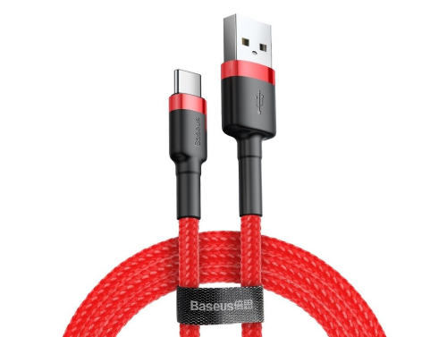 Cable USB a USB-C Baseus Cafule 2A, 200 cm, Quick Charge 3.0, Transmisión de datos 480Mb/s, Trenzado resistente, Color rojo.