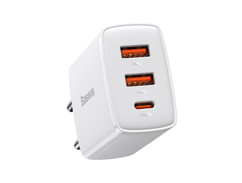 Cargador rapido Baseus 30W, 2xUSB-A, USB-C, PD, 3A, color blanco - Carga rápida y segura