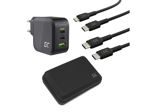 Kit de carga rápida para dispositivos Apple. Cargador GaN de 65W + cables USB-C - Lightning y USB-C - USB-C PD de 60W + funda