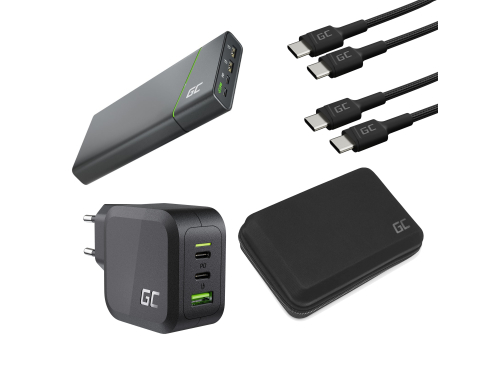 Set con powerbank y cargador para una carga ultrarrápida de varios dispositivos simultáneamente. Power Bank, cargador y cables