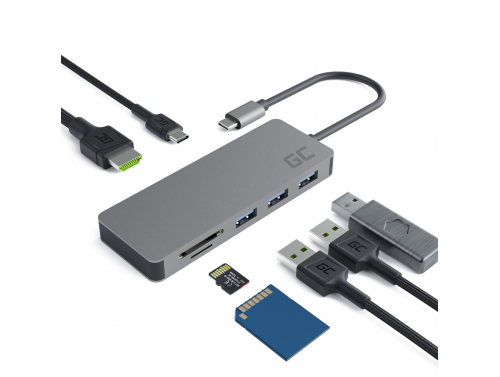 Adaptador HUB USB-C Green Cell 7 en 1 (USB 3.0 HDMI 4K microSD SD) para Apple MacBook Pro, Air, Asus, Dell XPS, HP OUTLET