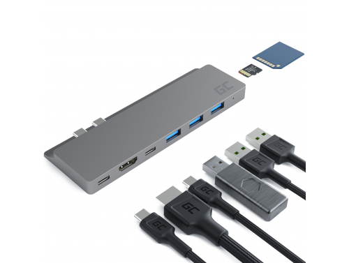Adaptador HUB USB-C Green Cell 8 en 1 Thunderbolt 3 HDMI USB SD microSD para MacBook Pro 13"-15" MacBook Air 2018/2019 OUTLET