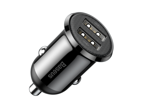 Cargador de coche Baseus Grain Pro 24W, 2x USB, 4.8A, Negro, Carga rápida para tu teléfono en tus viajes.