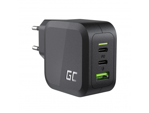 Green Cell Cargador de red 65W GaN GC PowerGan para Portátil, MacBook, Iphone, Tablet, Nintendo Switch - 2x USB-C, 1x USB OUTLET