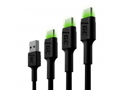Set 3x Cable USB-C Tipo C 30cm, 120cm, 200cm LED Green Cell Ray con carga rápida, Ultra Charge, Quick Charge 3.0 - OUTLET