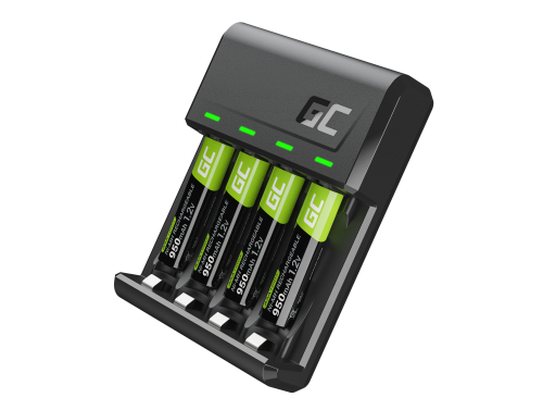 Cargador de baterías para pilas recargables Ni-MH AA Mignon / AAA Micro Green Cell + 4x pilas AAA Micro R3 950mAh