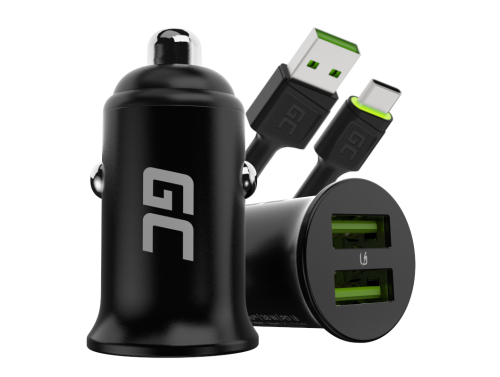 Green Cell Cargador de coche USB PowerRide Nano36, 2x USB-A, 36W con carga rápida Ultra Charge + LED Cable USB-C 120cm
