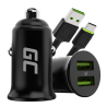 Green Cell Cargador de coche USB PowerRide Nano36, 2x USB-A, 36W con carga rápida Ultra Charge + LED Cable USB-C 120cm