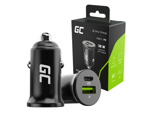 Green Cell PowerRide Nano38 Cargador de coche USB-C, USB-A 38W con carga rápida PD 3.0, Ultra Charge