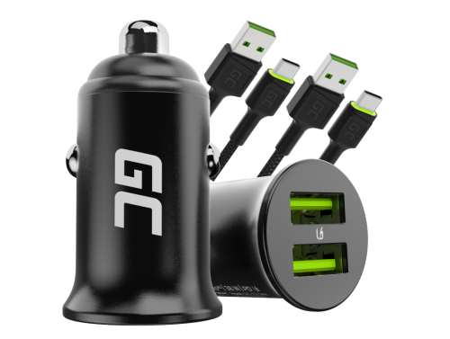 Green Cell Cargador de coche USB PowerRide Nano36, 2x USB-A, 36W con carga rápida Ultra Charge + 2x LED Cable USB-C 120cm