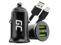 Green Cell Cargador de coche USB PowerRide Nano36, 2x USB-A, 36W con carga rápida Ultra Charge + LED Cable Lightning 120cm