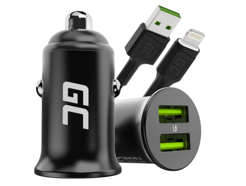 Green Cell Cargador de coche USB PowerRide Nano36, 2x USB-A, 36W con carga rápida Ultra Charge + LED Cable Lightning 120cm