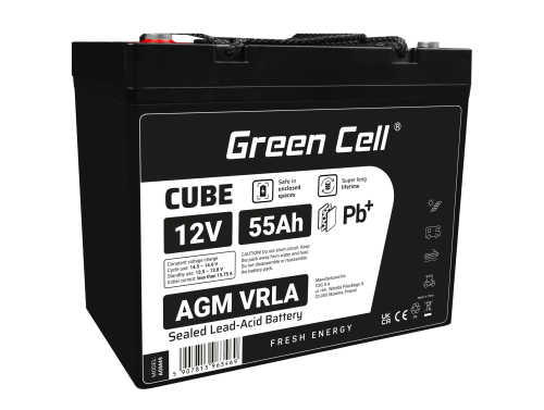 Green Cell CUBE AGM IP54 Bateria 12V 55Ah Gel Bateria hermetica segadora scooter Barco de pesca bote cortacéspedes