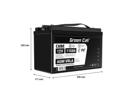 Green Cell AGM VRLA 12V 110Ah Batería de barco sin mantenimiento Fotovoltaica RV Motorhome Trolley Cortacésped