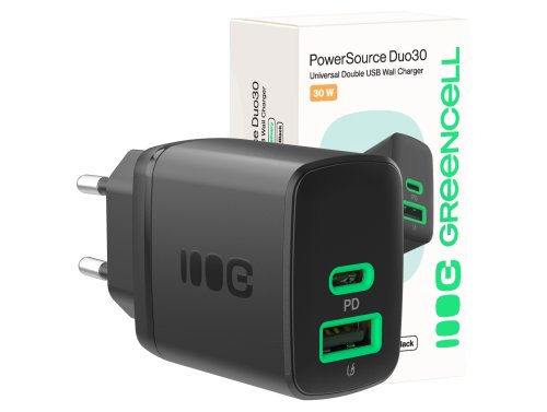 Green Cell PowerSource Duo30 cargador USB/USB-C negro, adaptador de corriente de 30 W con Power Delivery