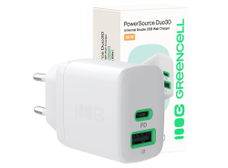 Green Cell PowerSource Duo30 cargador USB/USB-C blanco, adaptador de corriente de 30 W con Power Delivery
