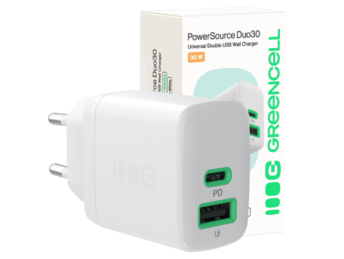Green Cell PowerSource Duo30 cargador USB/USB-C blanco, adaptador de corriente de 30 W con Power Delivery