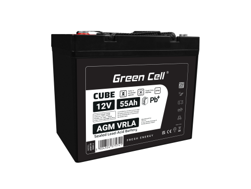 Green Cell CUBE AGM IP54 Bateria 12V 55Ah Gel Bateria hermetica segadora scooter Barco de pesca bote cortacéspedes