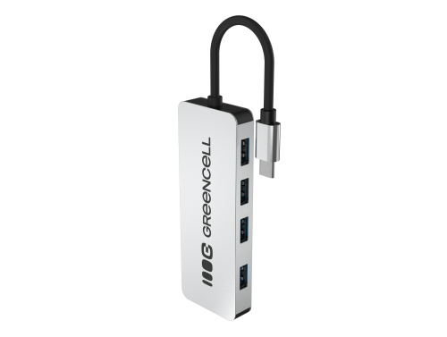 Adaptador Basic HUB Greencell USB-C 4in1 (4×USB-A 3.0) – transferencia rápida hasta 5 Gb/s, carcasa de aluminio