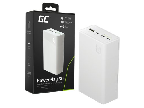 Greencell PowerPlay 30 - powerbank blanco de 30 000mAh, 22,5W, 4 puertos